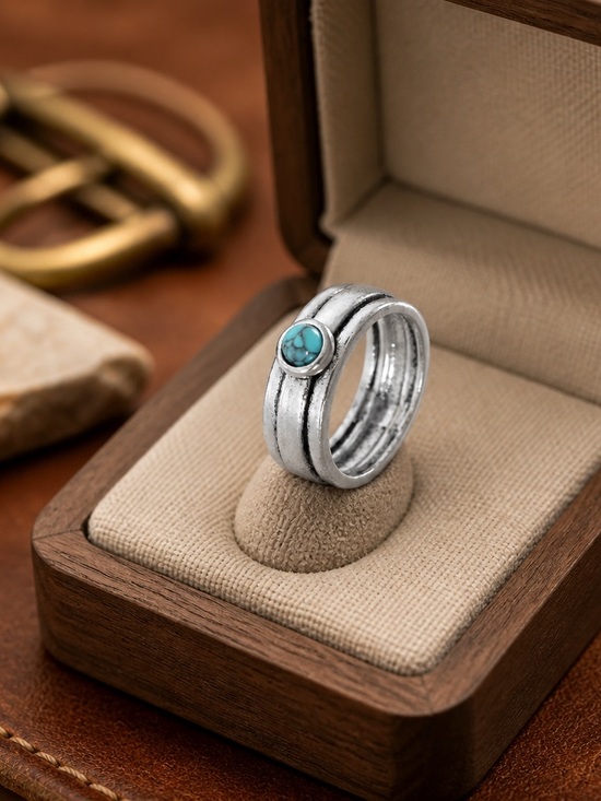 Handmade Jewelry - Boho Blue Turquoise Stone Ring Silver Tone Western Chic Sizes 7–11 Gift